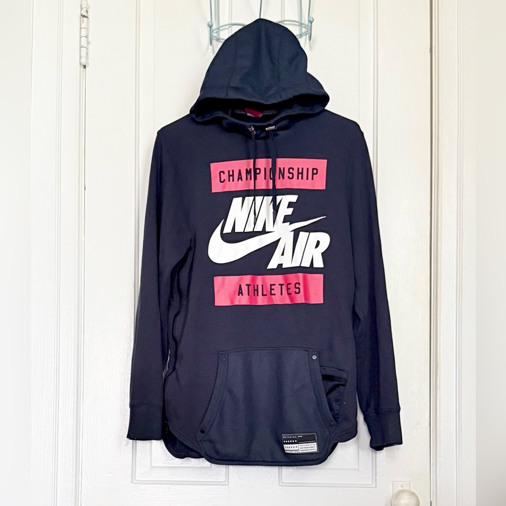 Vintage Nike Air Championship Athletes Navy Blue Hoodie with Red Accents Small